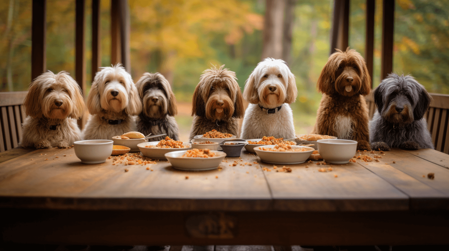 Multigenerational Australian Labradoodles with long and shaggy hair eating at their doggy bowls inside in the farm