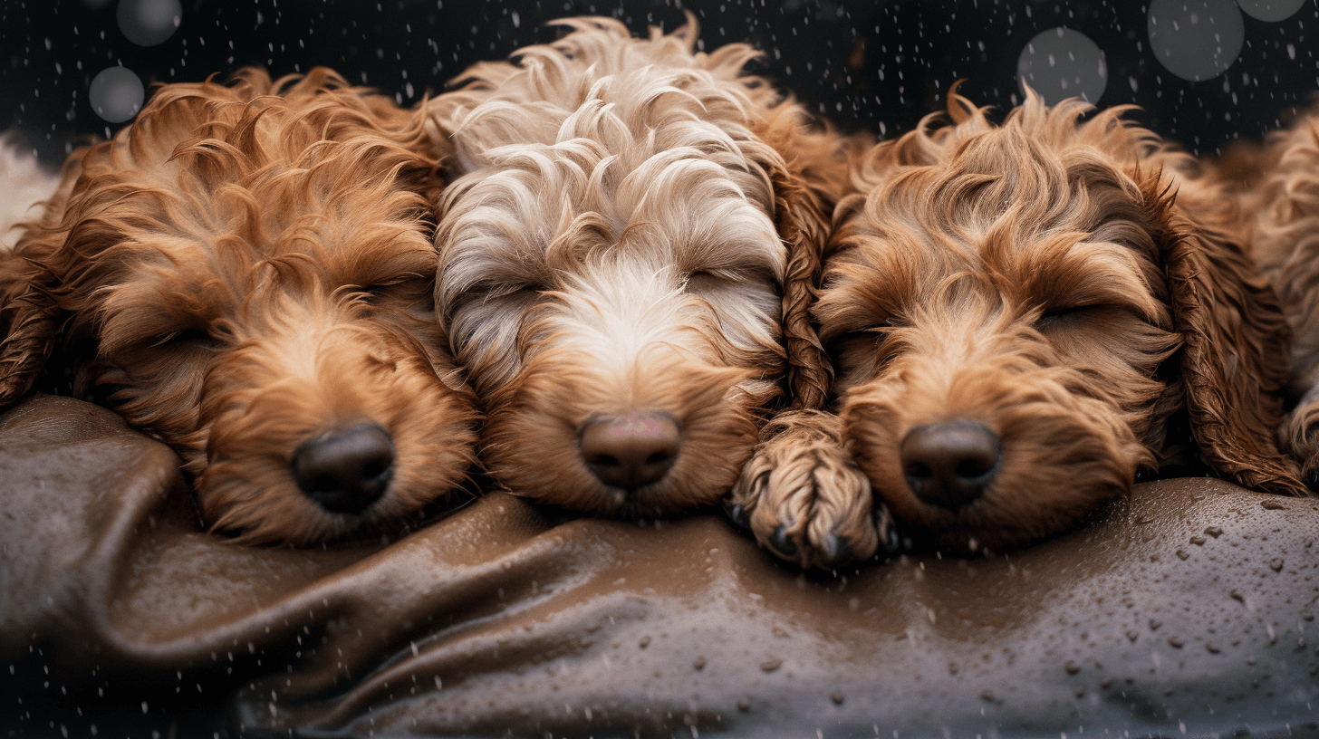 Multigenerational Australian Labradoodle puppies sleeping inside the dog park