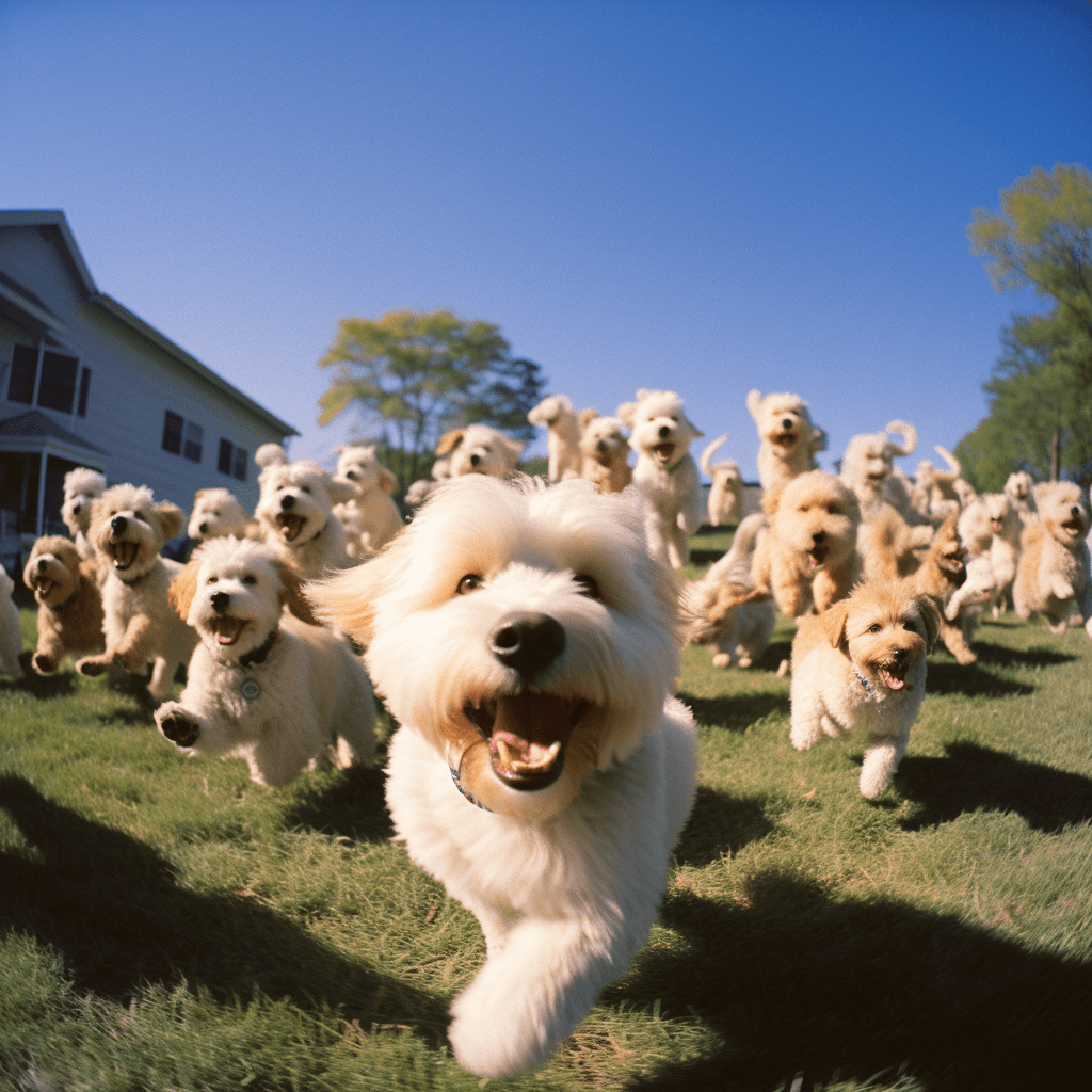 large group of parti labradoodles playing in the yard