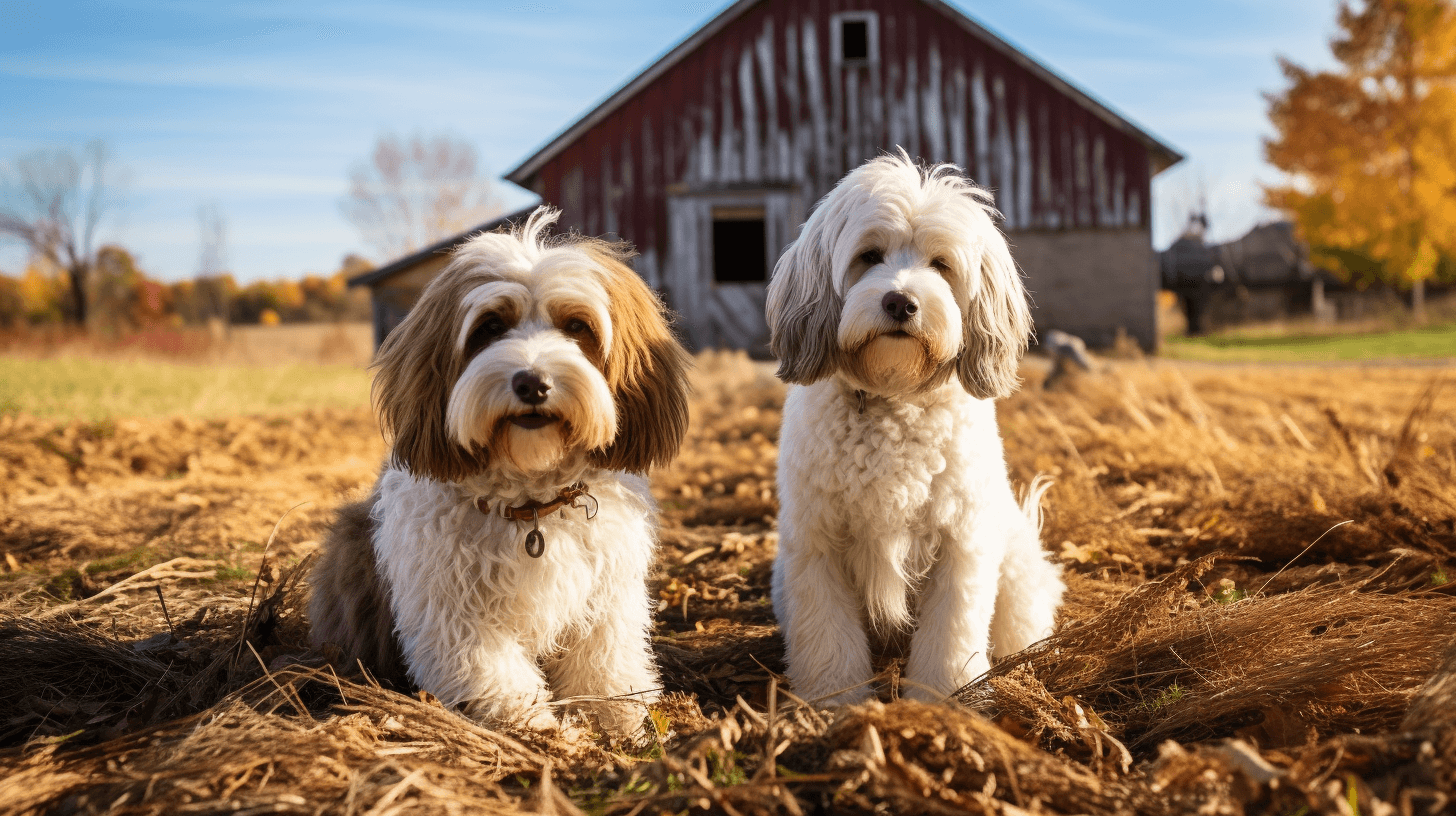 parti labradoodles with long and shaggy hair inside the farm