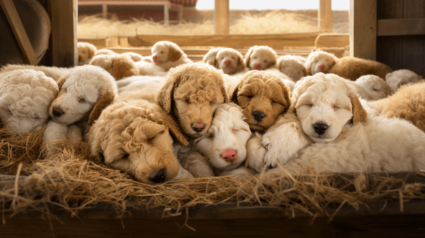 differences of Poodles and Labradoodles puppies sleeping inside the Farm