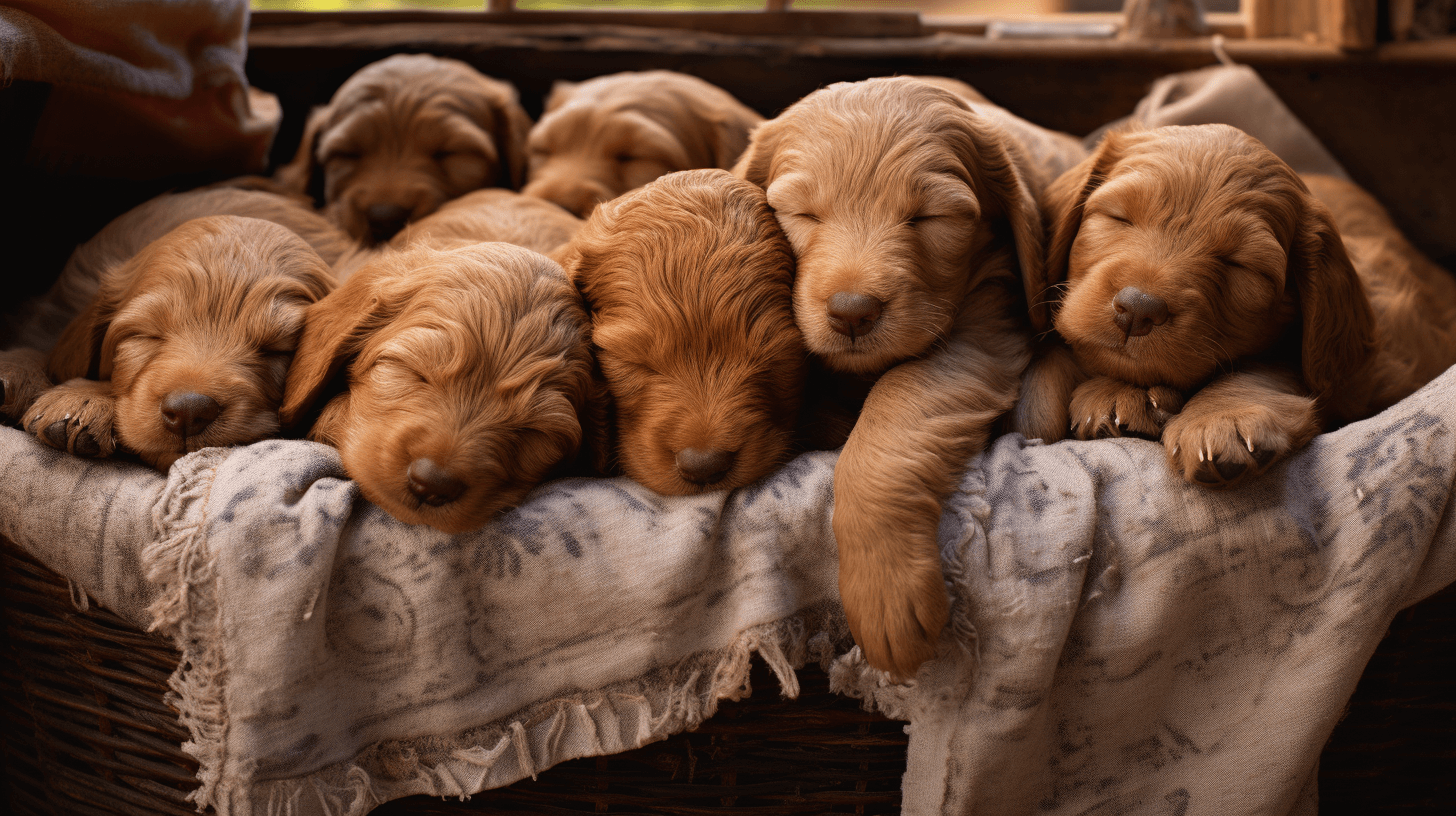 Red Labradoodle Puppies sleeping inside the Farm