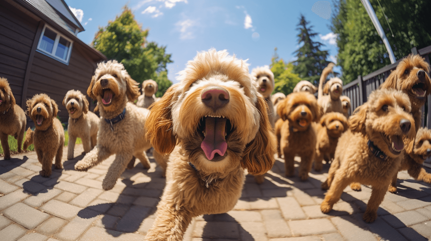 large group of Toy Labradoodles playing in the yard