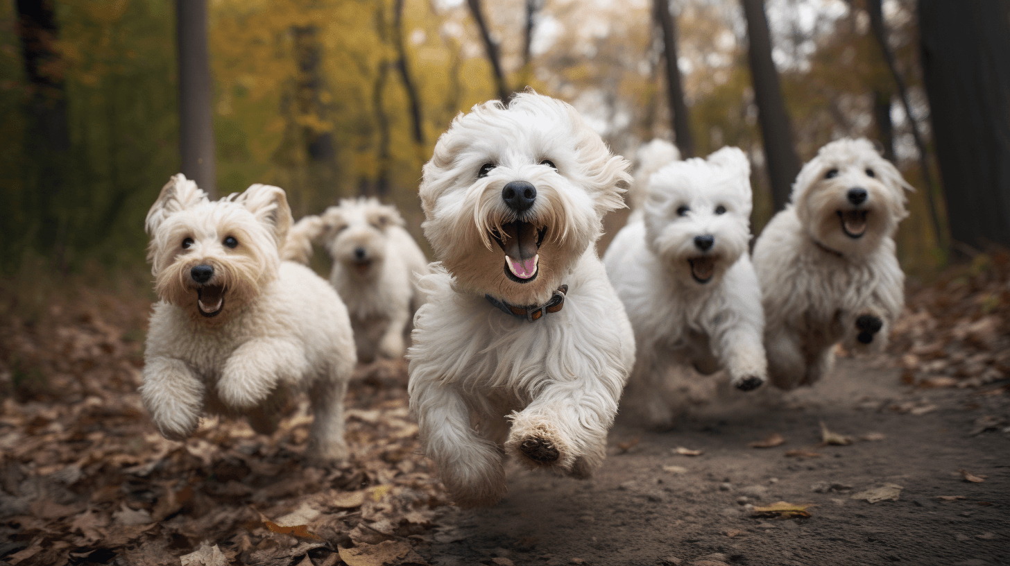 playful group of White Labradoodles