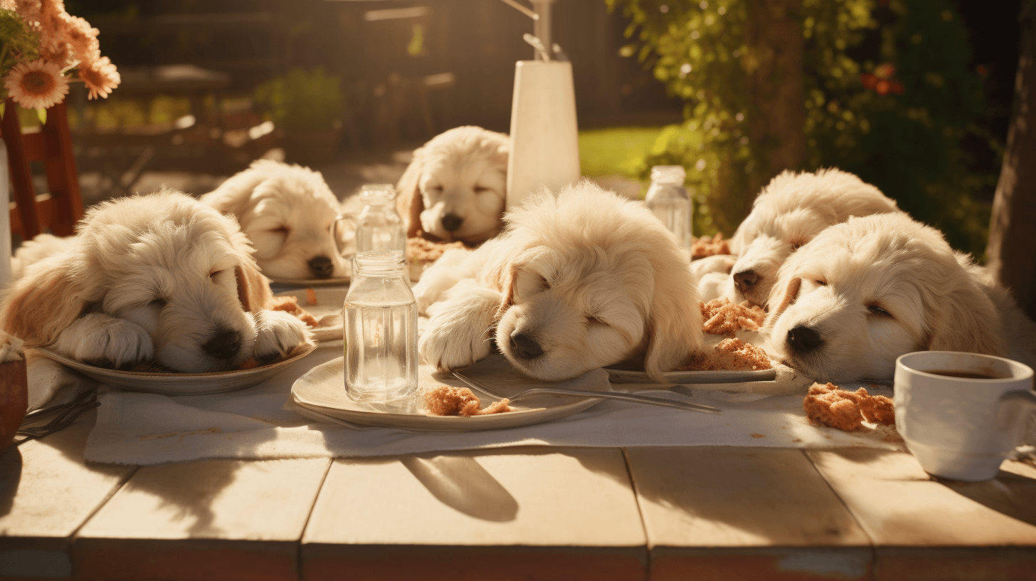 White Labradoodle puppies sleeping on the dinner table