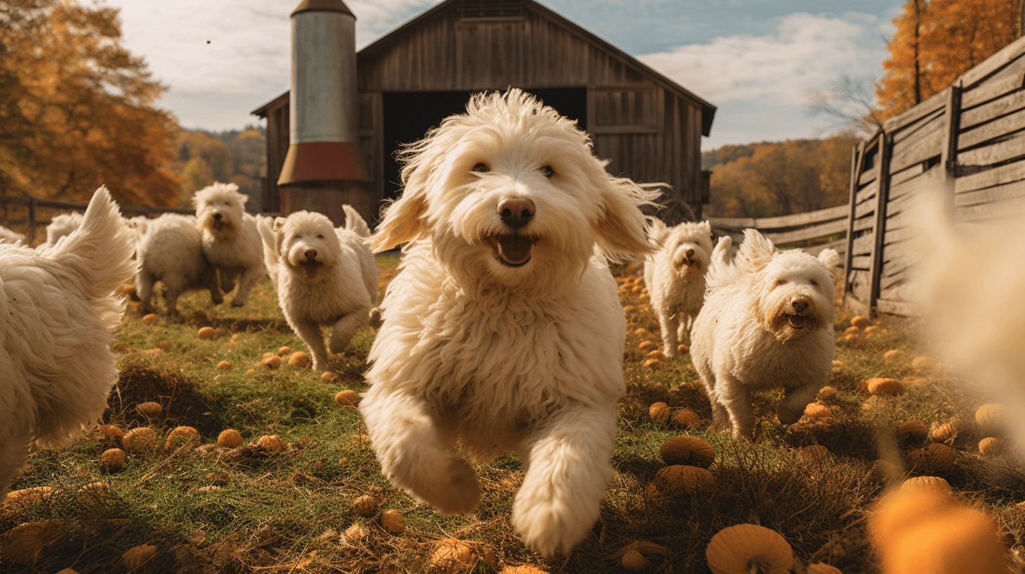 White Labradoodles with long and shaggy hair