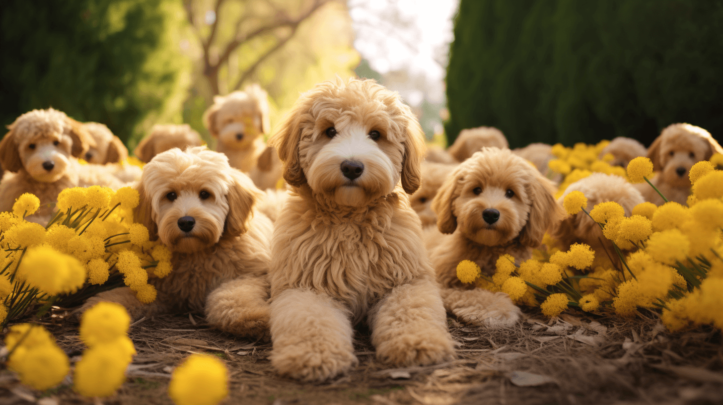 playful group of Yellow Labradoodles
