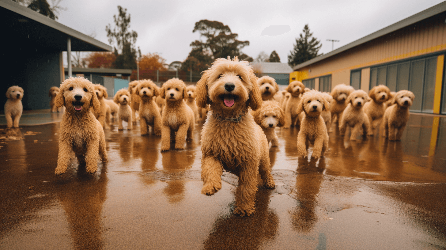large group of Yellow Labradoodles playing with training area in the yard