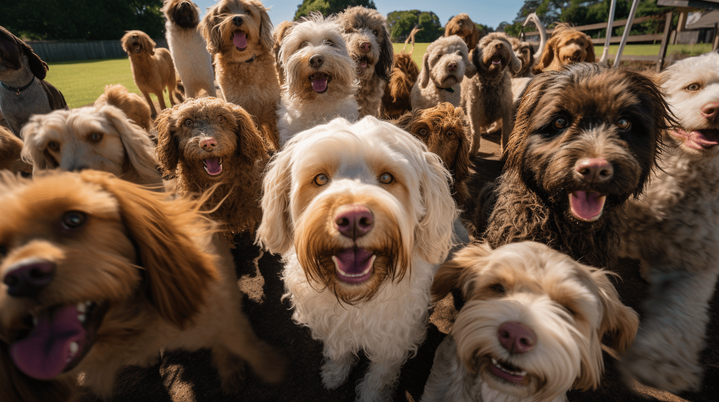 large group of very big Australian Labradoodles