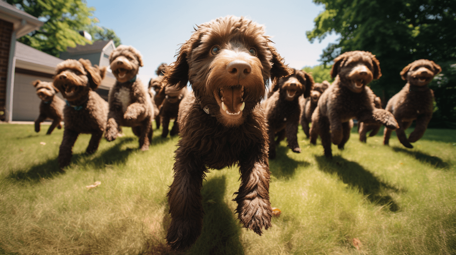 large group of Chocolate Mini Labradoodles