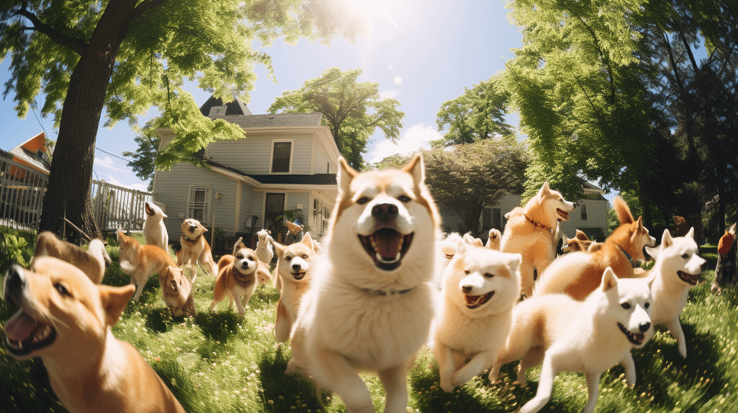 large group of huskydoodles playing in the yard