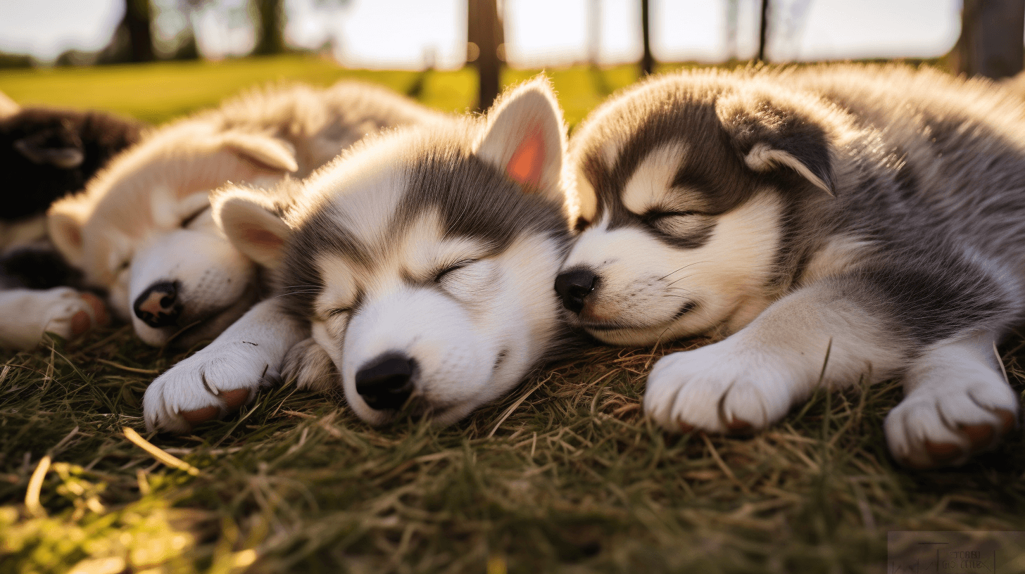 Huskadoodle puppies sleeping in the dog park