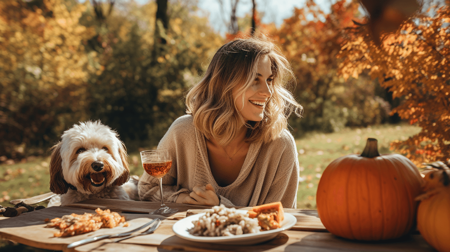 labradoodle and owner eating pumpkin treats in the fall