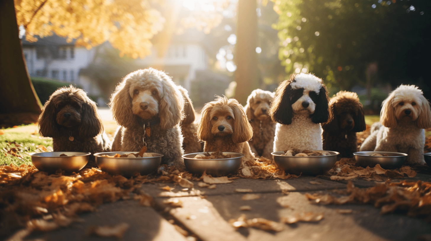 Mini Australian Labradoodles with long and shaggy hair eating at their doggy bowls