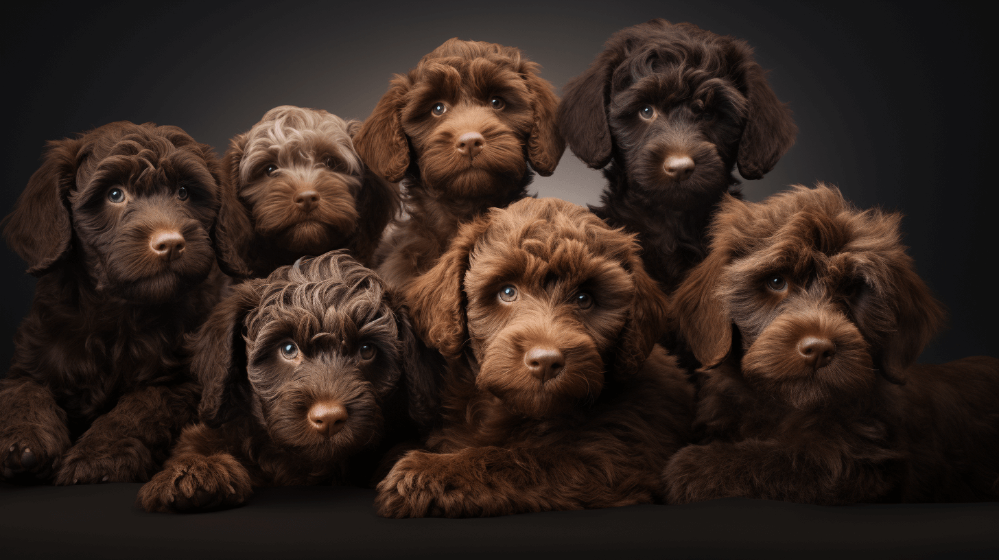 playful group of Mini Chocolate Labradoodles