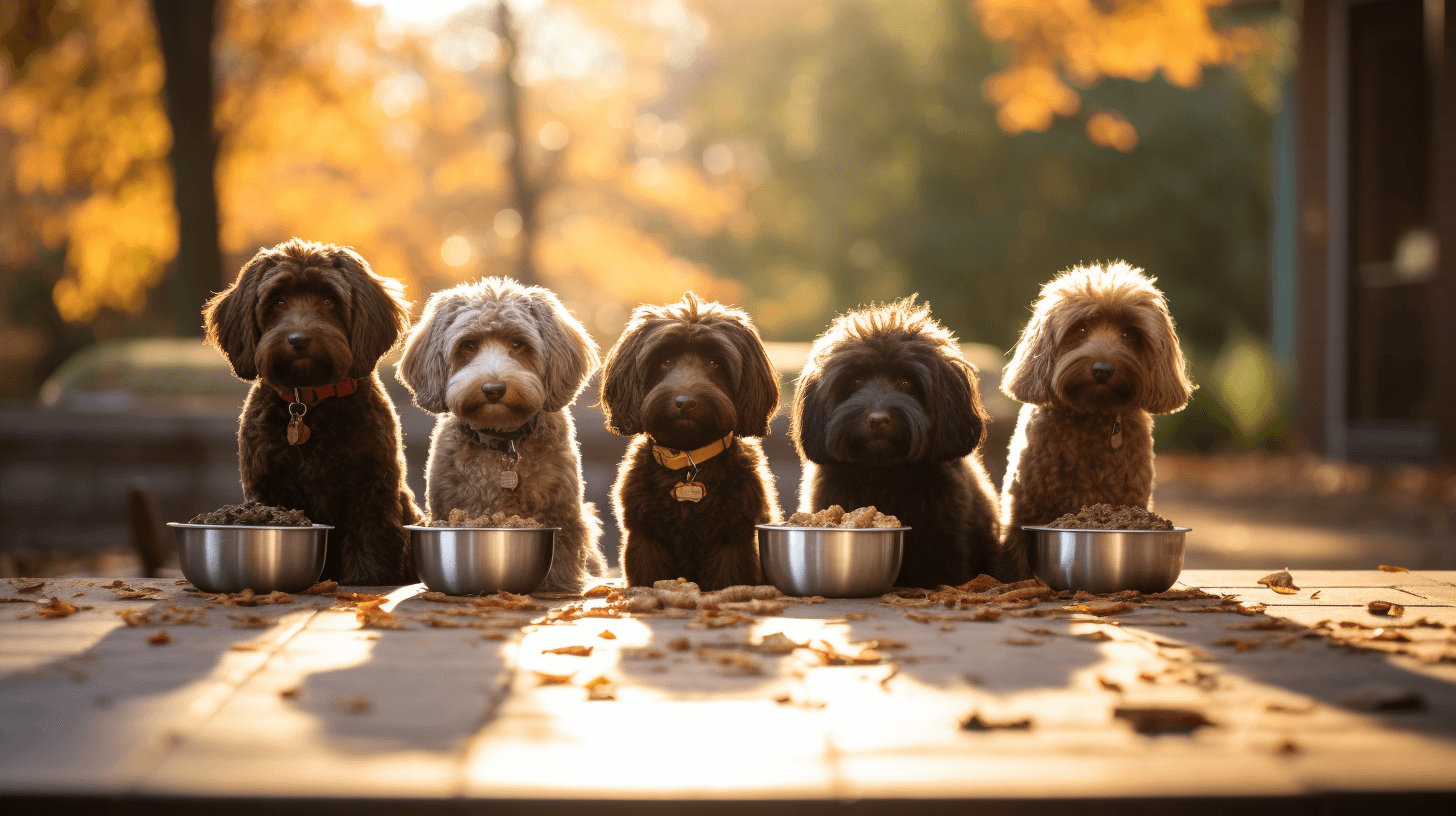 Mini Chocolate Labradoodles with long and shaggy hair eating at their doggy bowls
