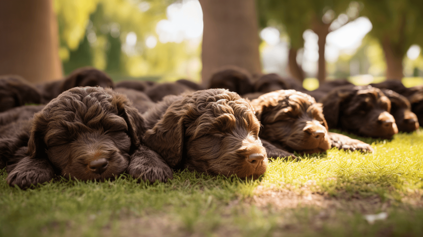Mini Chocolate Labradoodle puppies sleeping in the dog park