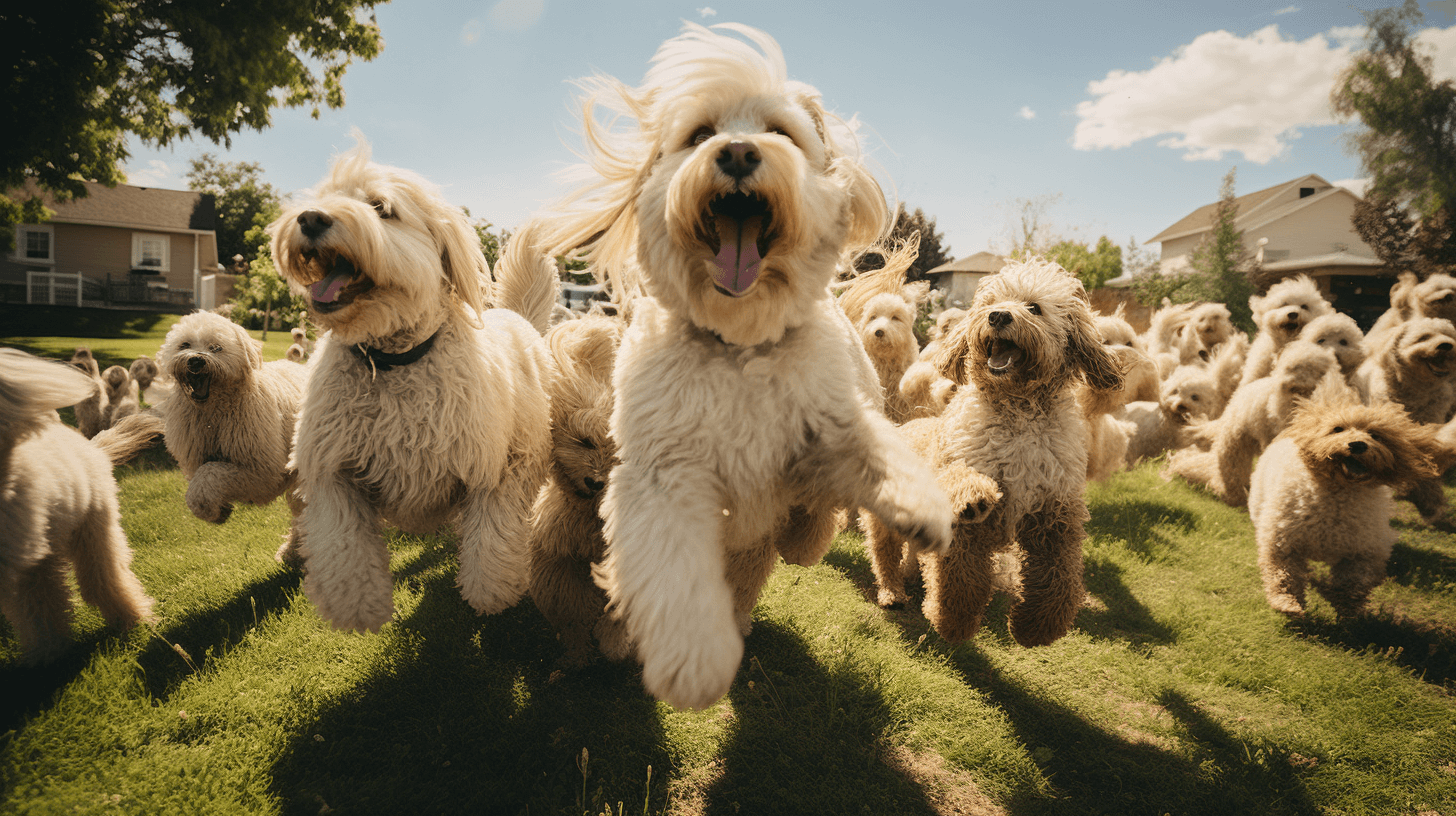 large group of Shaved Labradoodles playing in the yard