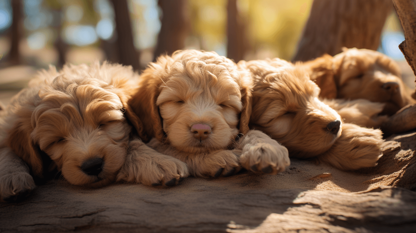 Shaved Labradoodle puppies sleeping in the dog park