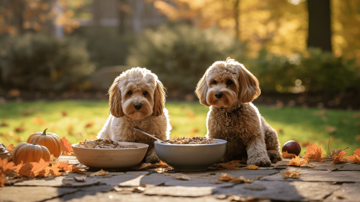 short haircut styled Labradoodles eating at their doggy bowls