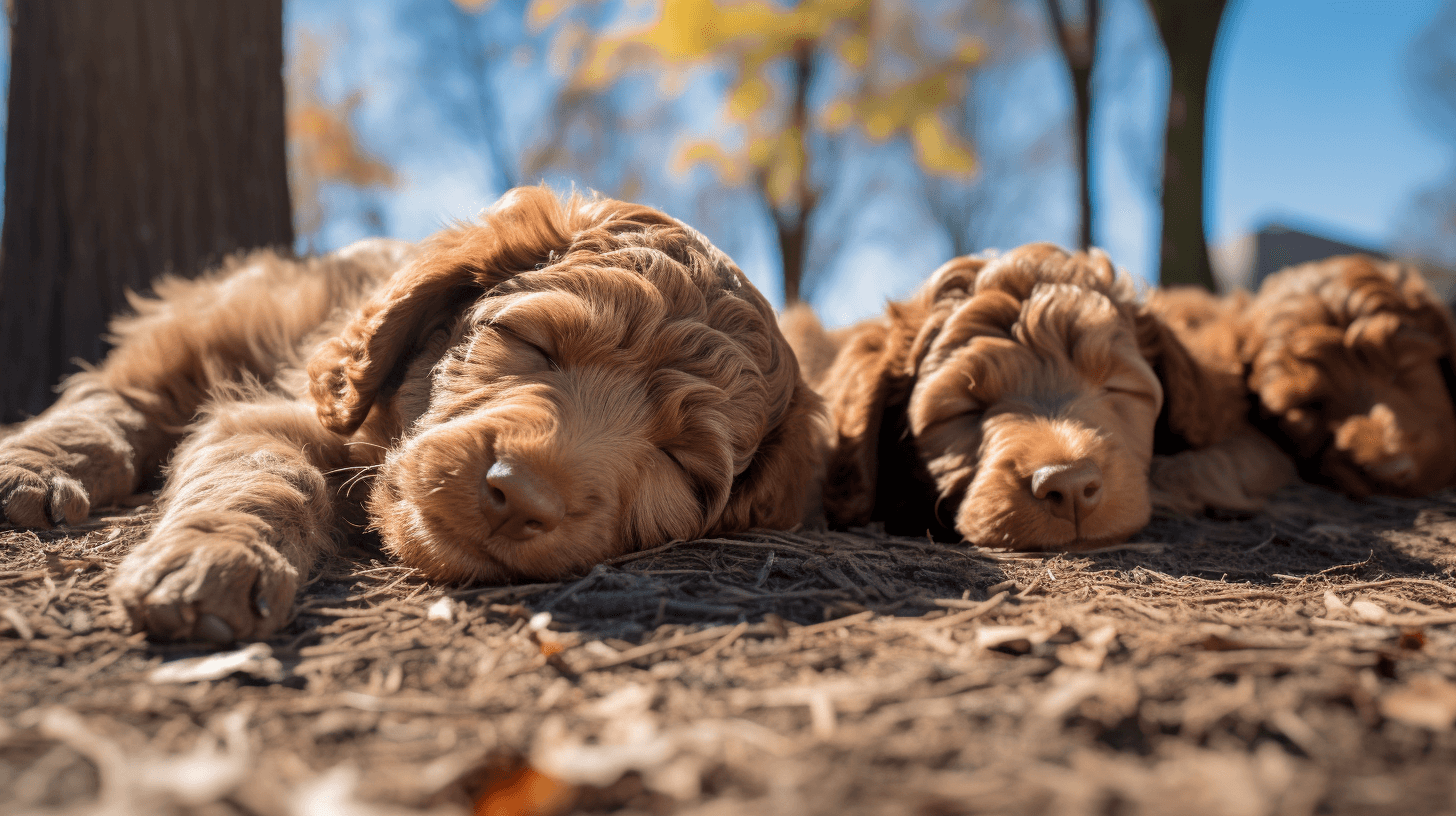 short haircut styled Labradoodles puppies sleeping in the dog park