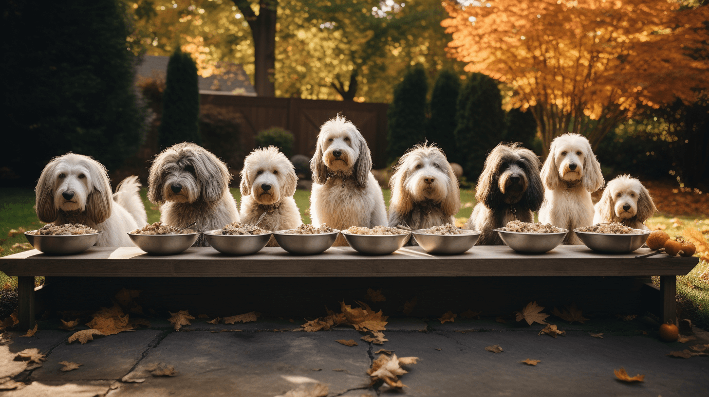 Silver Labradoodles with long and shaggy hair eating at their doggy bowls