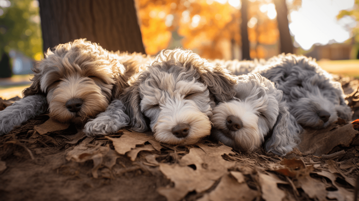 Silver Labradoodle puppies sleeping in the dog park
