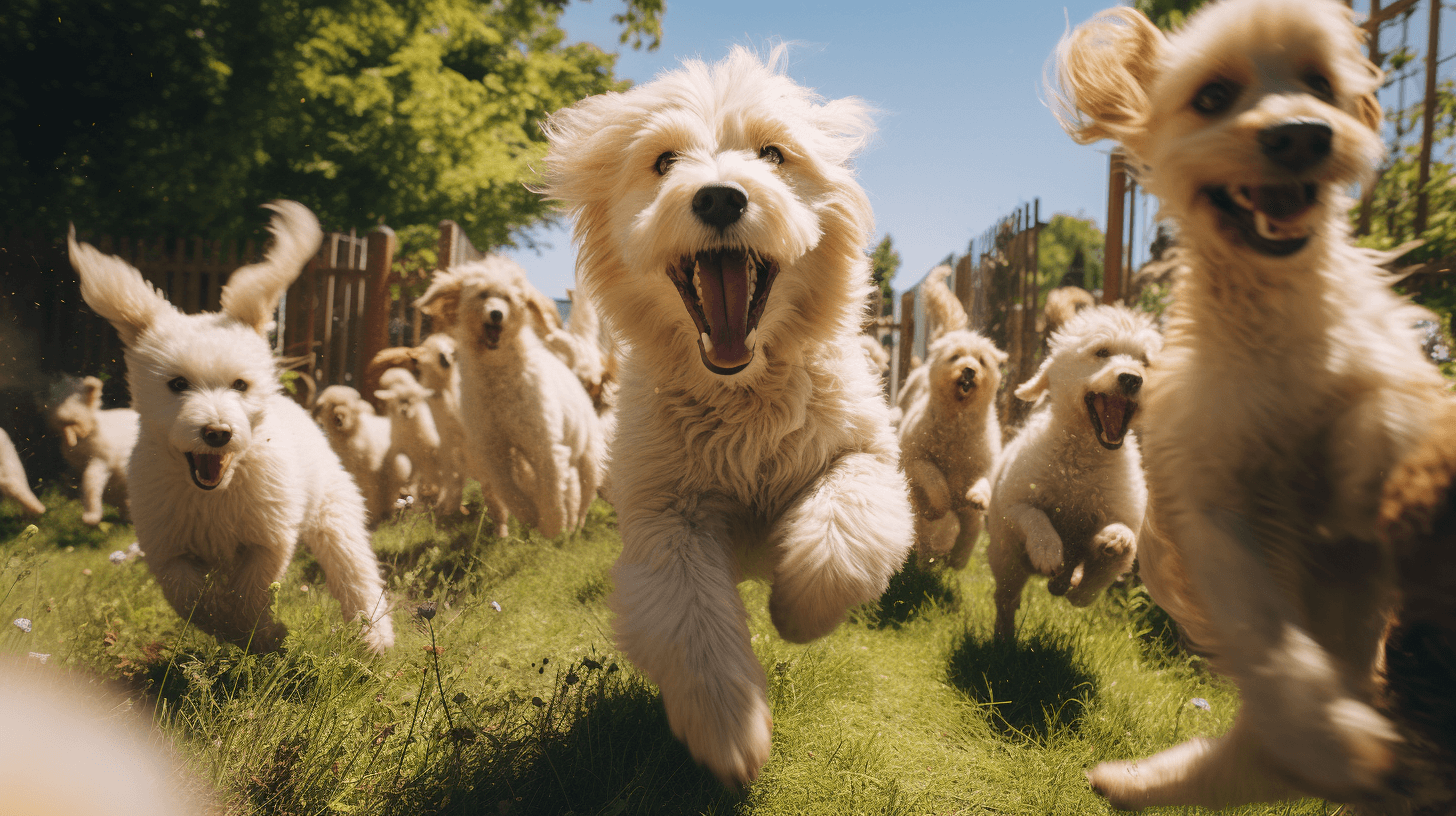 large group of Straight-Haired Labradoodles playing in the yard