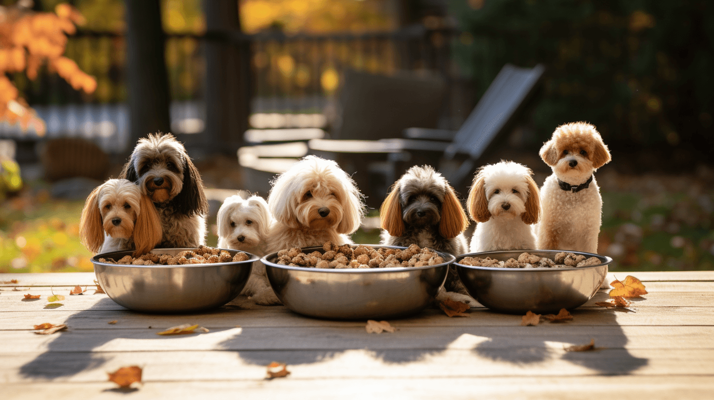 Teacup size Mini Labradoodles with long and shaggy hair eating at their doggy bowls