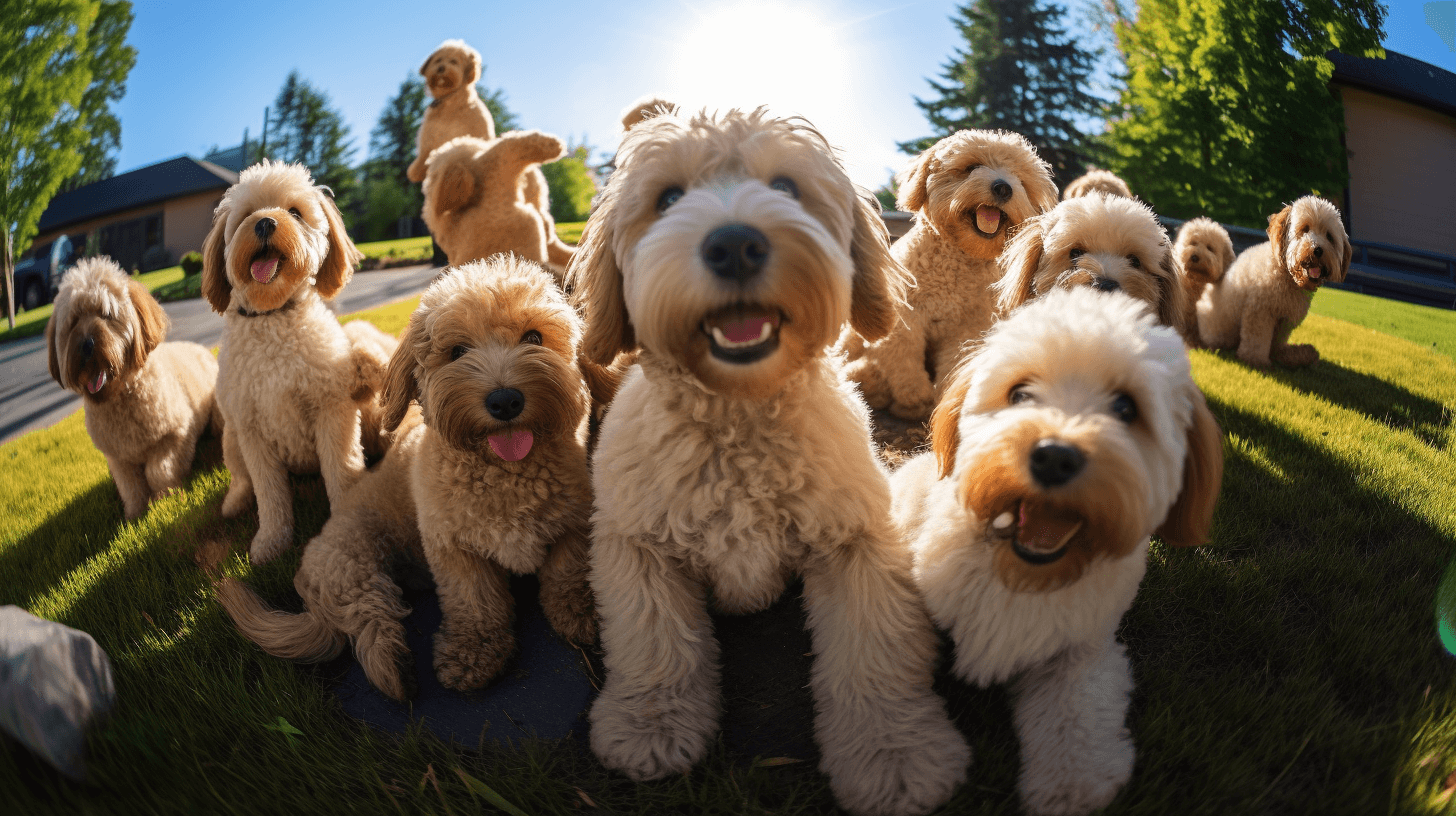 large group of Teddy Bear Labradoodles playing in the yard