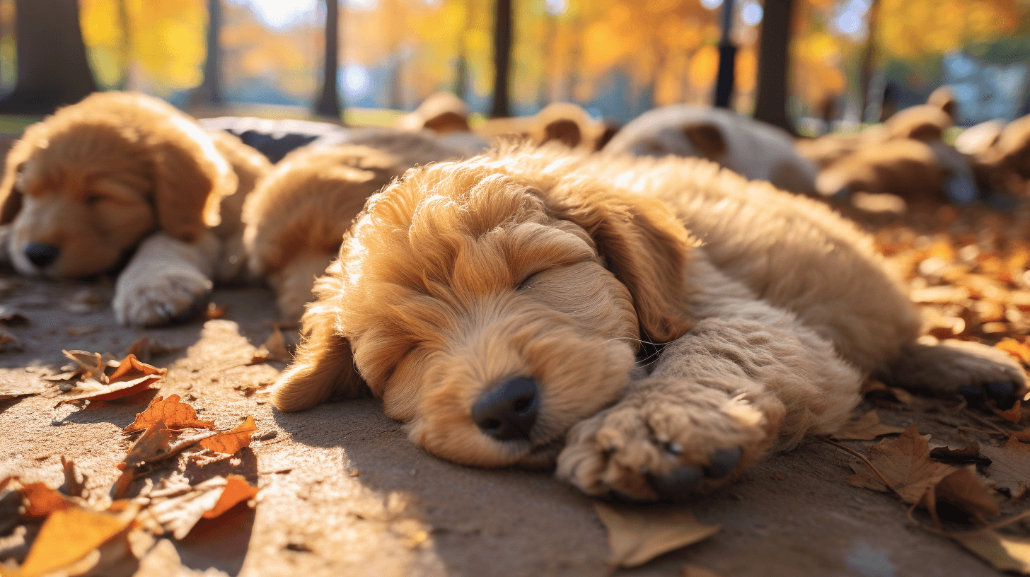 Teddy Bear Labradoodle puppies sleeping in the dog park