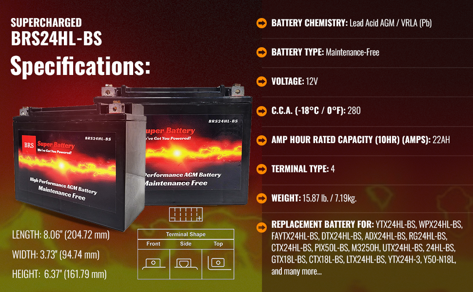 brs24hl-bs atv battery, snowmobile battery, motorcycle battery