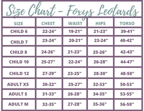 Foxys Gymnastics Leotards Sizing Chart