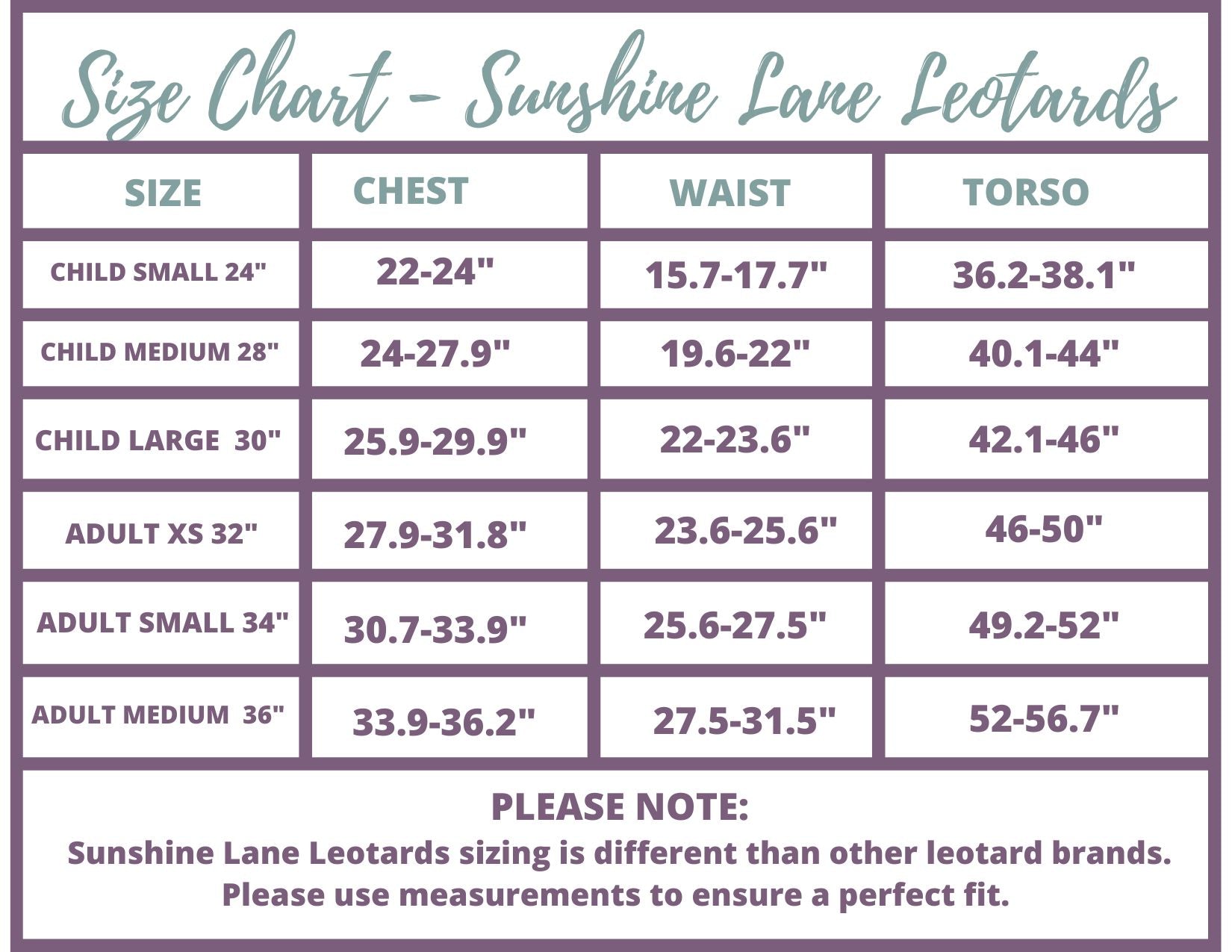 Sunshine Lane Size Chart for Stick It Girl