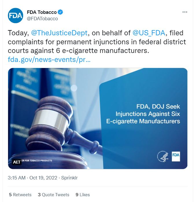 Screenshot of FDA Tobacco Twitter's post about against 6 e-cigarette manufacturers 