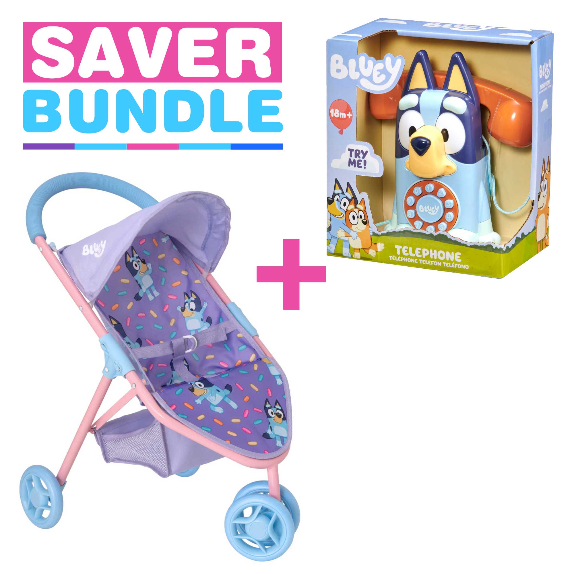 Bluey Jogger Dolls Pram + Bluey Interactive Telephone Bundle from Wowow Toys