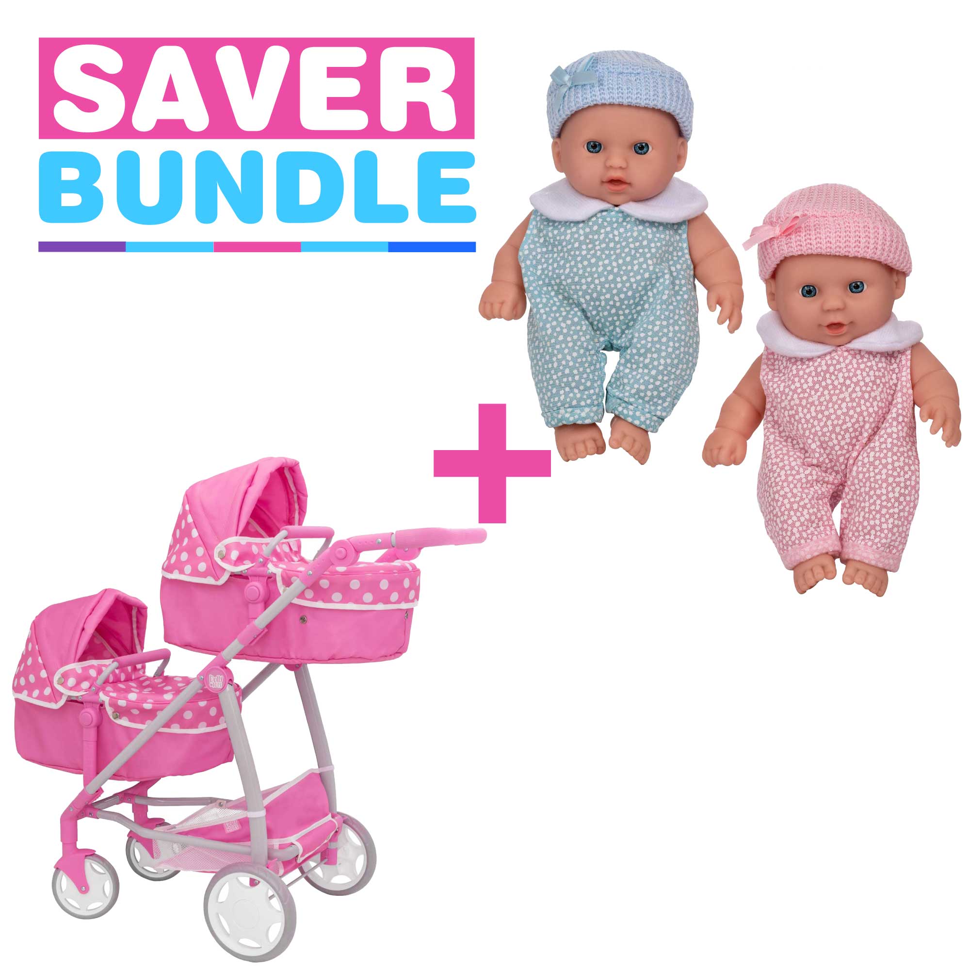 Image of Dolly Tots Twin Dolls Pram + Babyboo Cutie Baby Dolls - Bundle