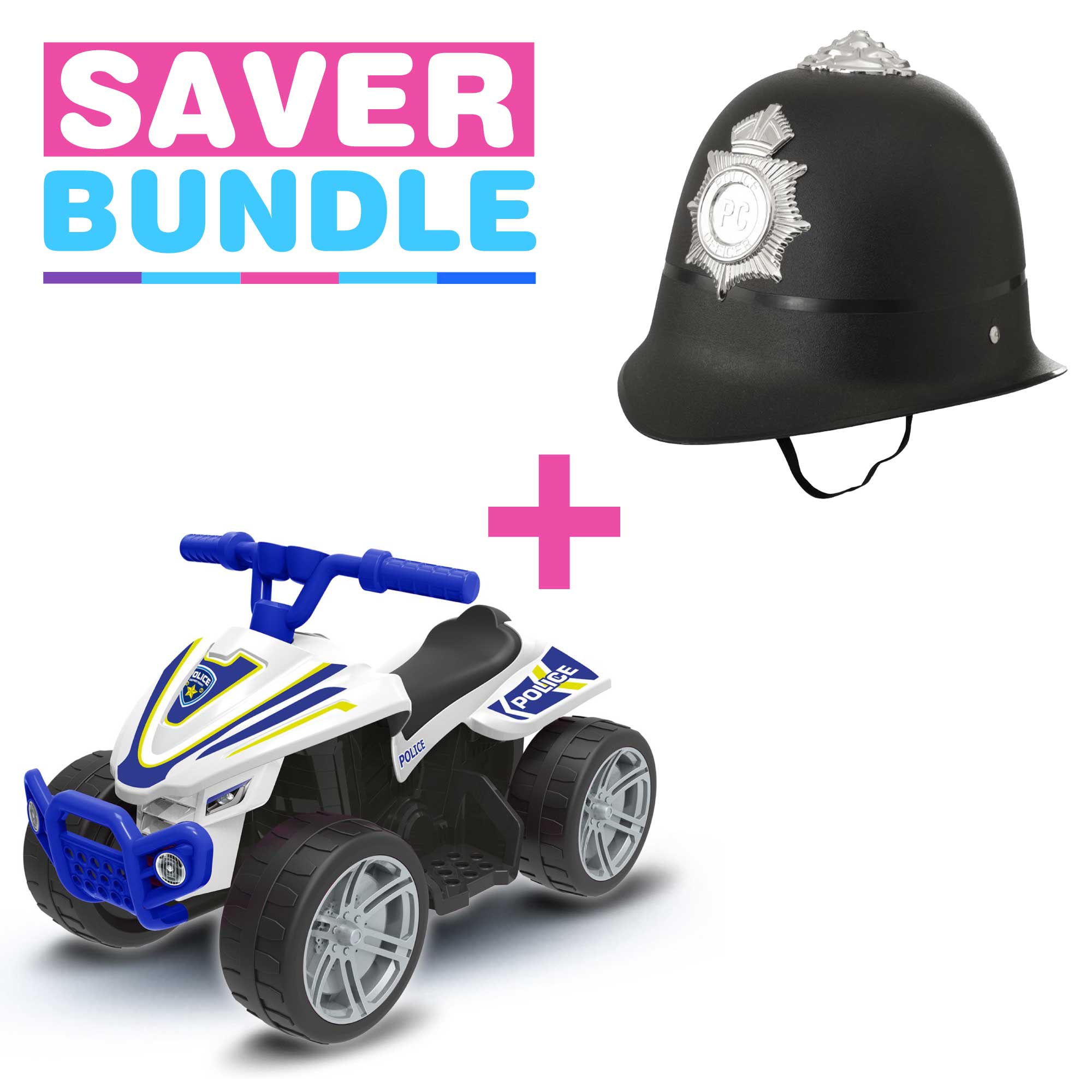 Image of Electric Police Quad Bike Ride On + Kids Fancy Dress Police Helmet Bundle