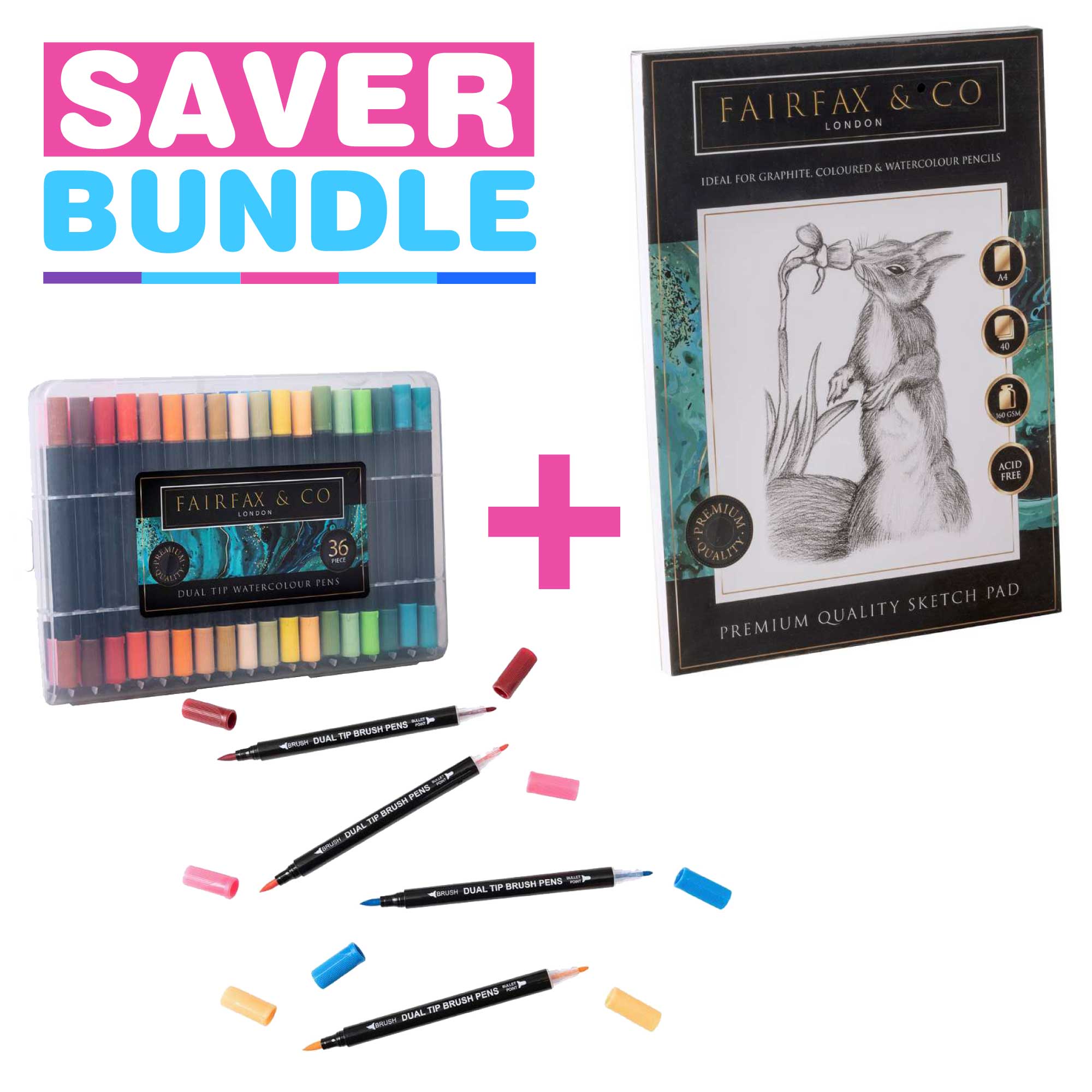Image of Watercolour Dual Tip Brush Pens Set of 36 + A4 40 Sheet Premium Sketch Pad Bundle