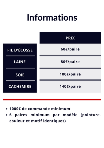 Tableau des tarifs des chaussettes sur-mesure