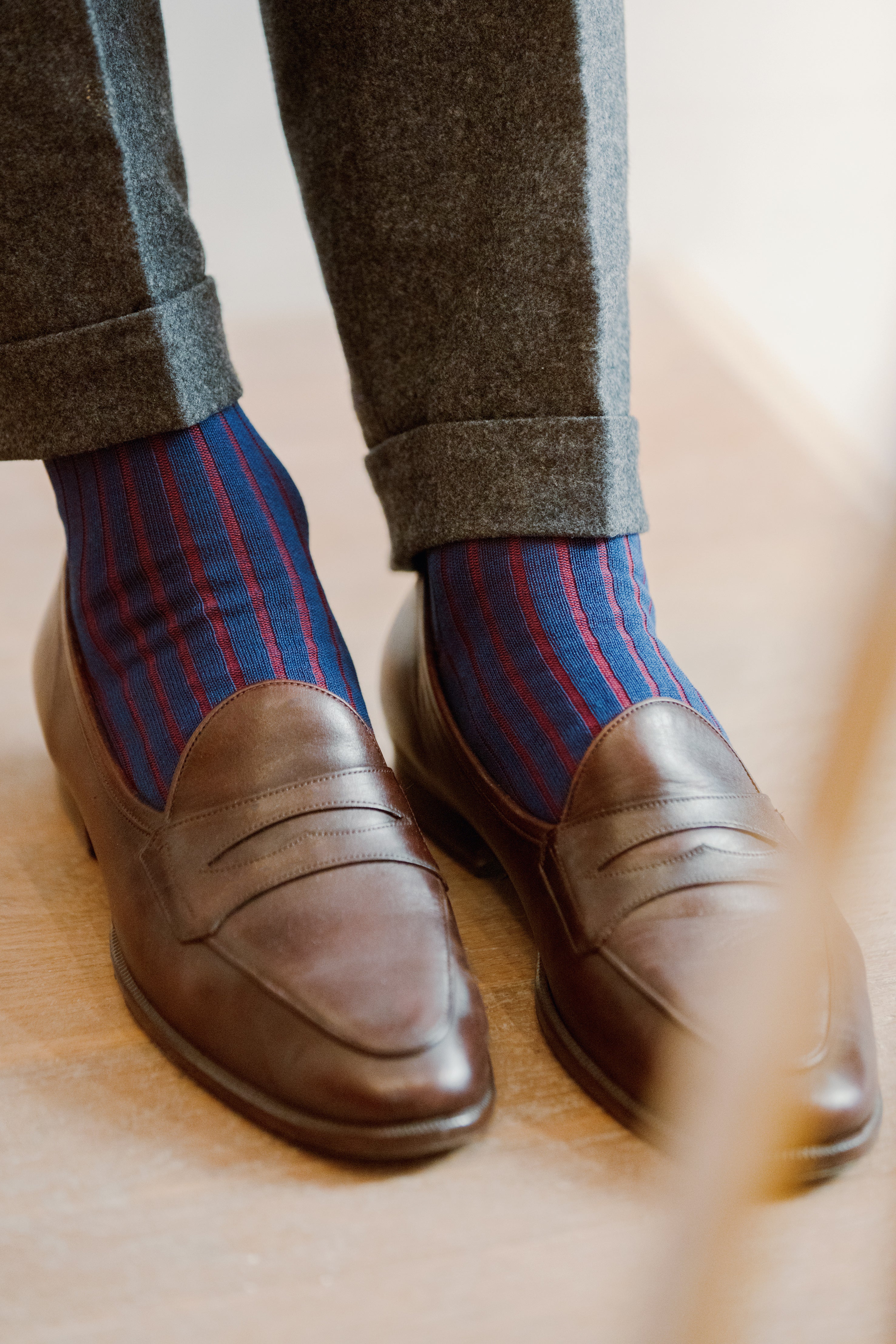 Mid-calf red and blue striped socks - cotton lisle - super durable ...