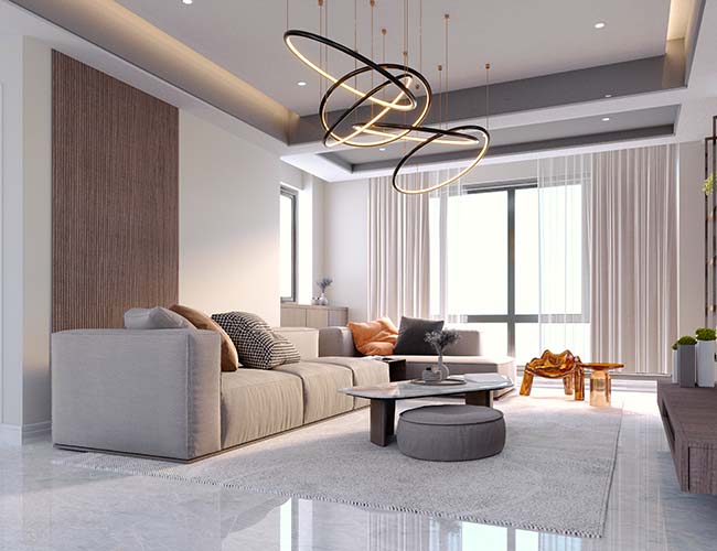 3d rendering of modern living room with chandelier with led lights - ZenQ Designs
