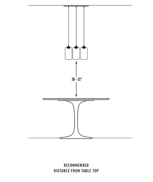 A black and white drawing of the pendant lights and recommended distance from the table top I ZenQ Designs