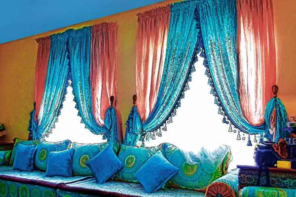 A combination of red and blue on luxurious boho curtains