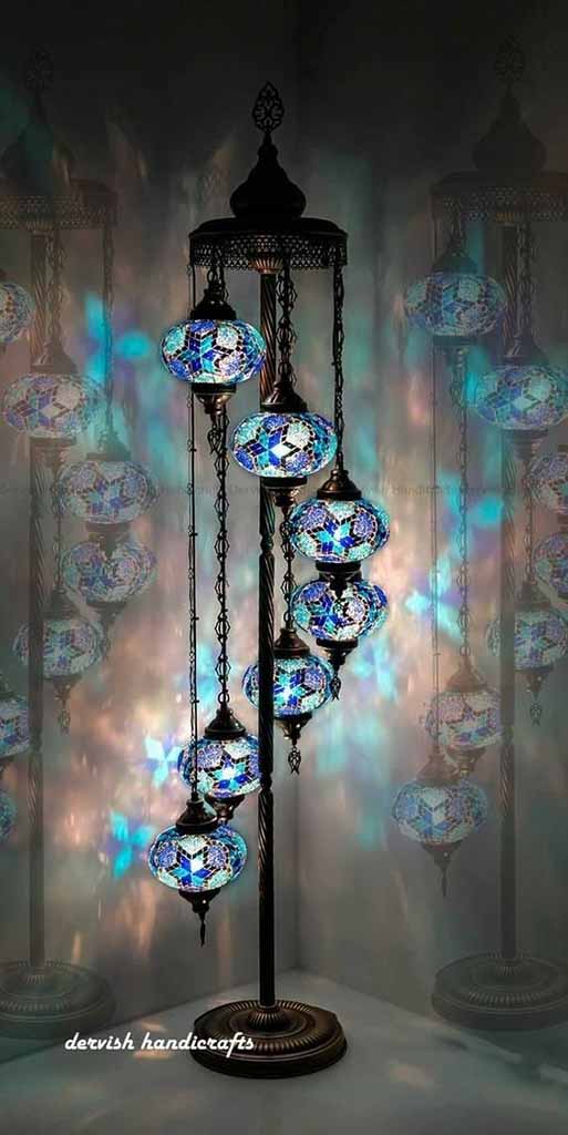 An oriental mosaic floor lamp with blue crystal glass balls I ZenQ Designs