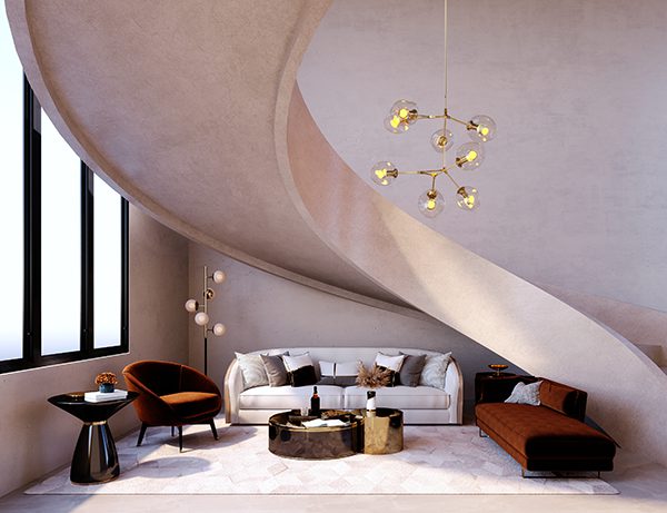 Corner light and living room furniture under a modern designed staircase - ZenQ Designs
