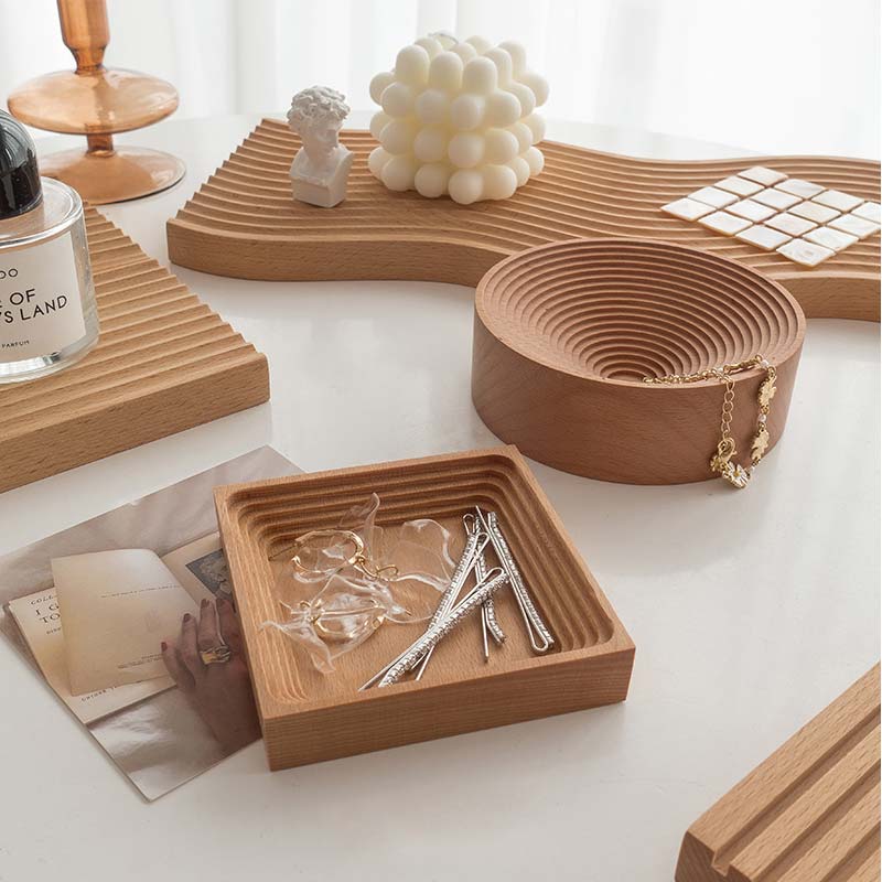 Different shapes of Boho Beech Trays on a table- ZenQ Designs