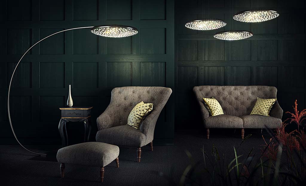 Elegant arched floor lamp in a dark living room I ZenQ Design
