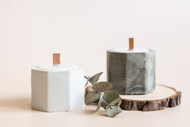 Handmade candles from paraffin and soy wax in concrete plaster candlestick - ZenQ Designs