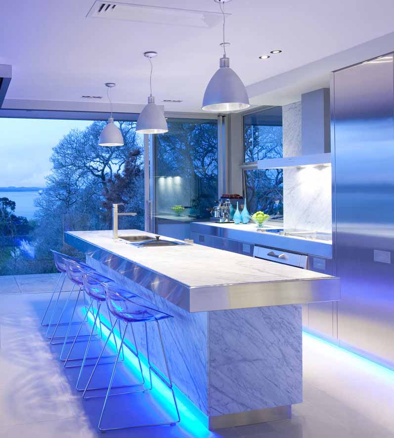 Light blue neon LED kitchen island with three simple pendant lights I ZenQ Designs